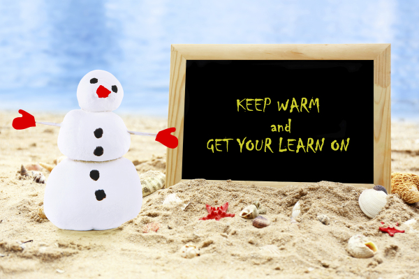 Christmas snowman on beach with photoframe. Christmas and New Ye